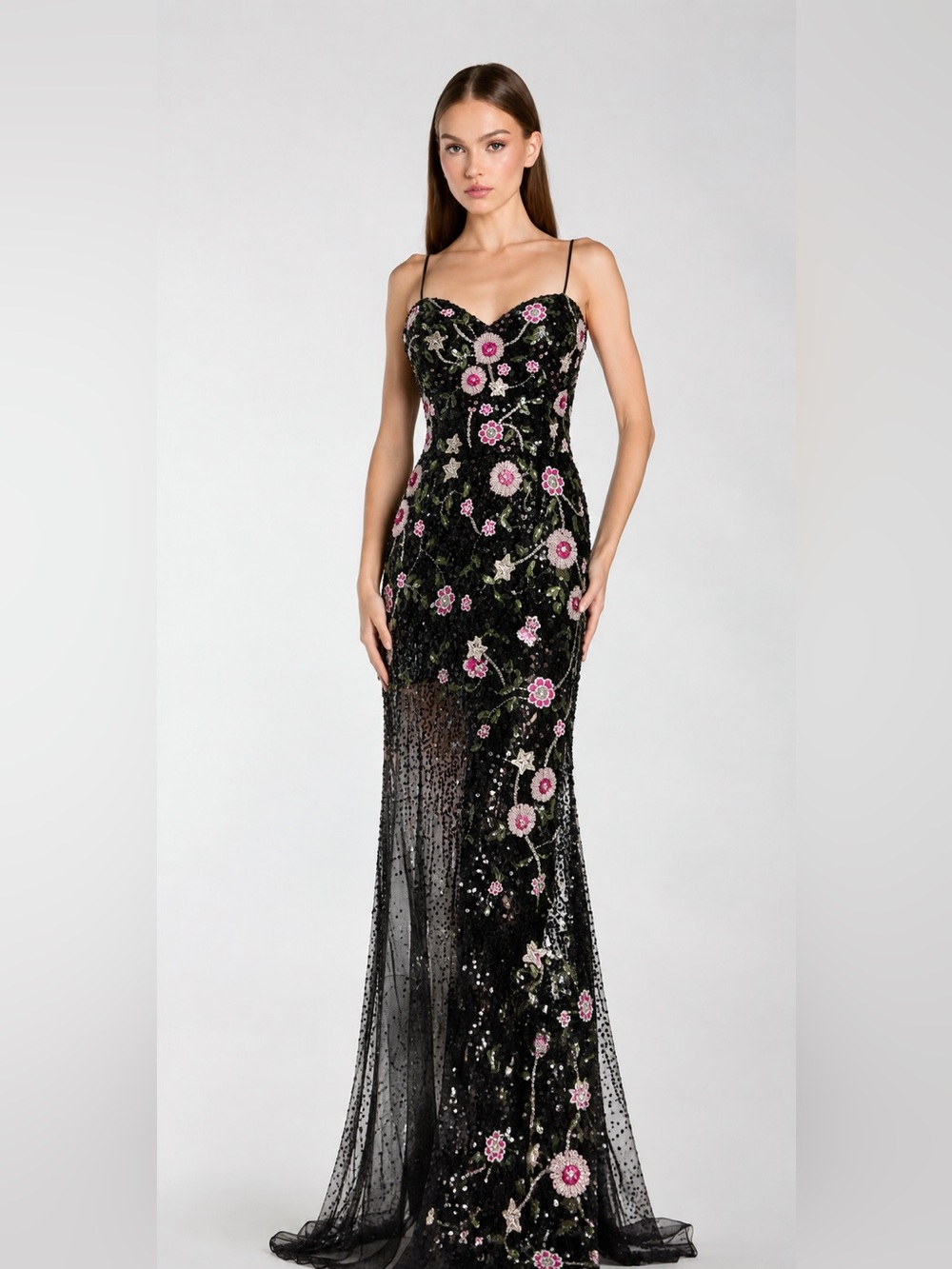 NWT Black Sequin Beaded Floral 3D Appliqué
Evening Gown 8